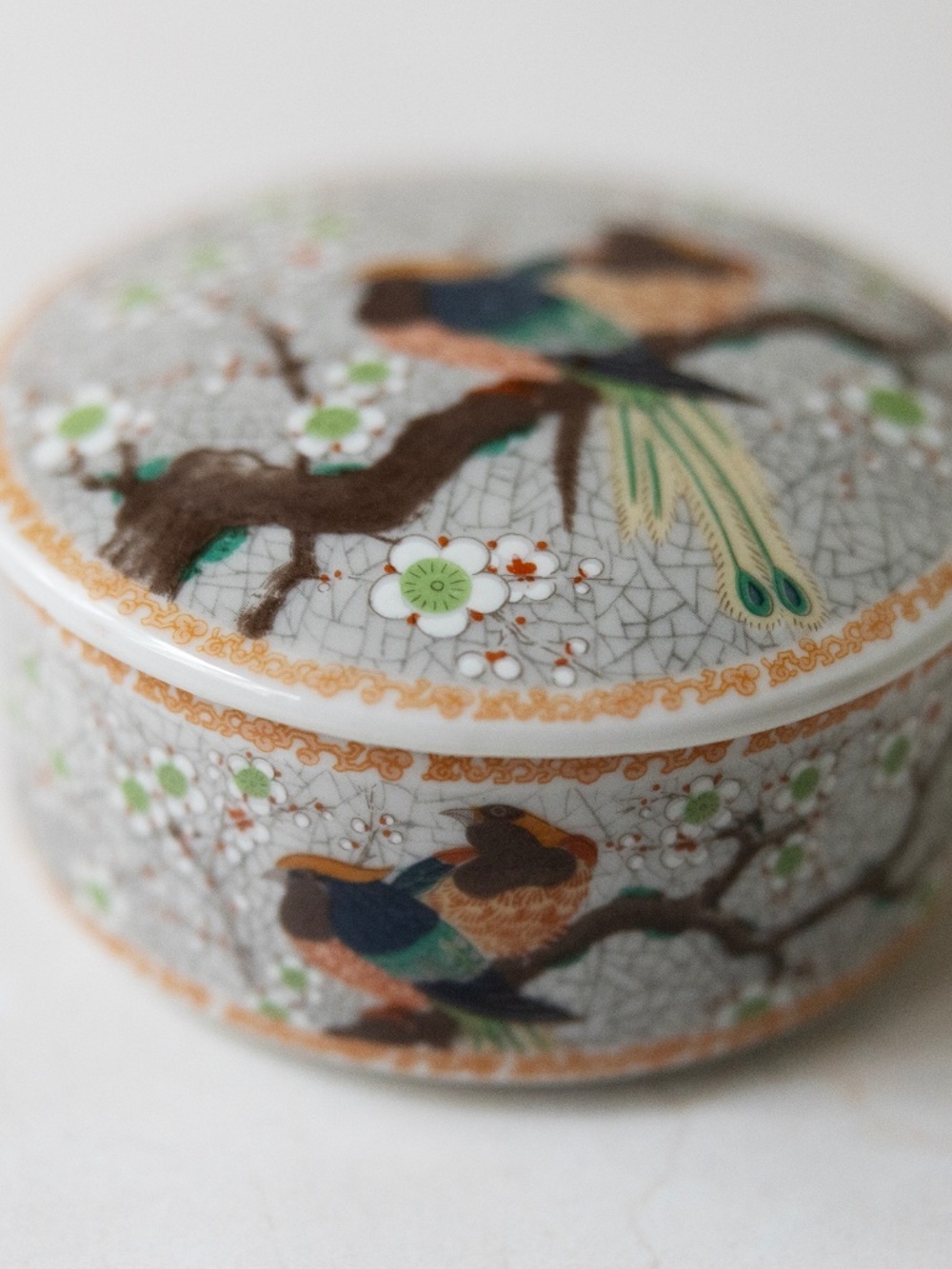 Satsuki Japan Japanese round porcelain trinket box exotic birds cherry blossoms